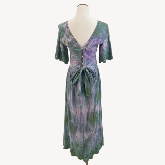 RARE Zara Tie Dye Crochet Eyelet Trim Tie Waist Peasant Croquette Maxi Dress - Picture 8 of 10